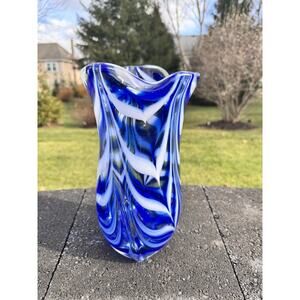 Vtg Murano Hand Blown Vase Blue & White Swirl 10.75” Heavy Art Glass